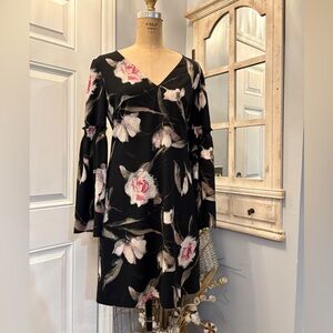 White House Black Market Black Long Sleeve V-neck Dress with Pink Floral Design